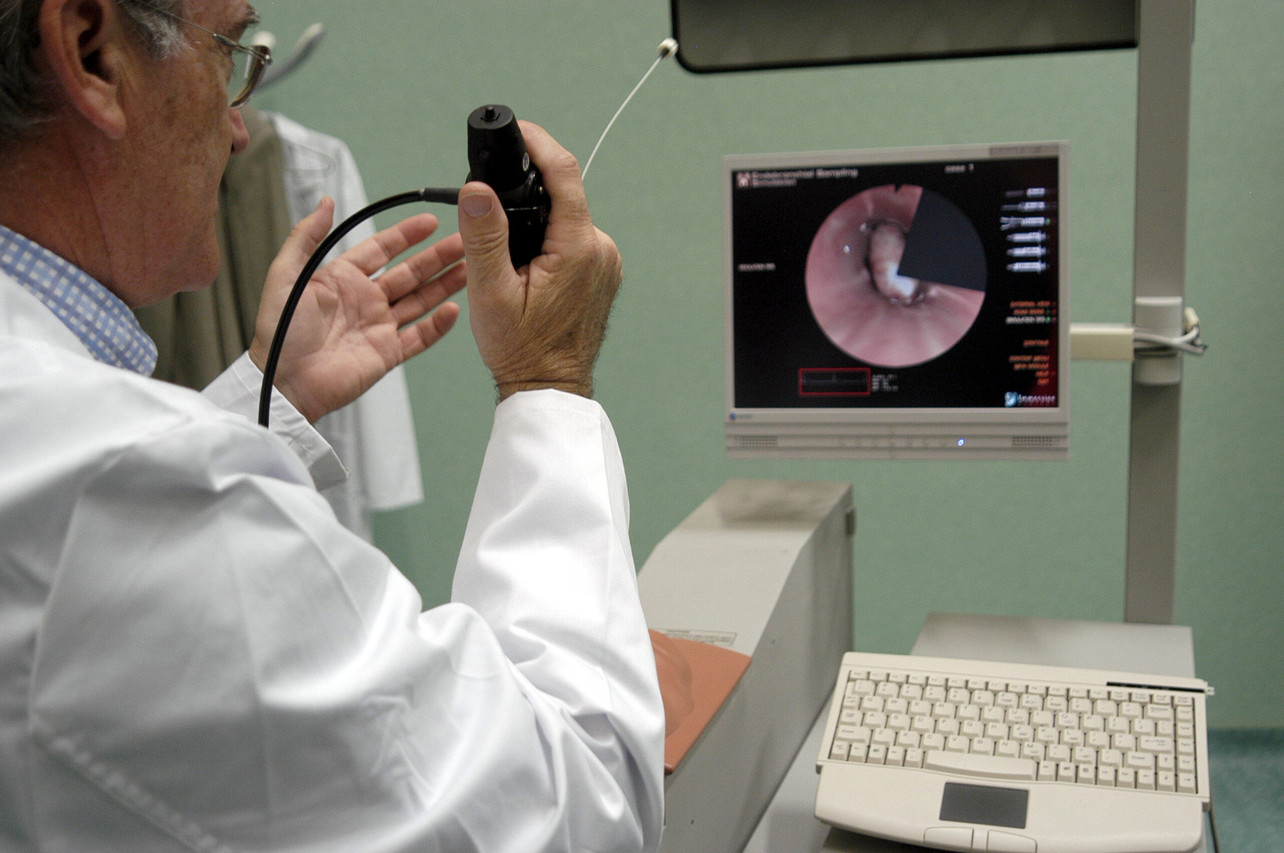 Gastroenterologist handling an endoscope of a surgical simulator